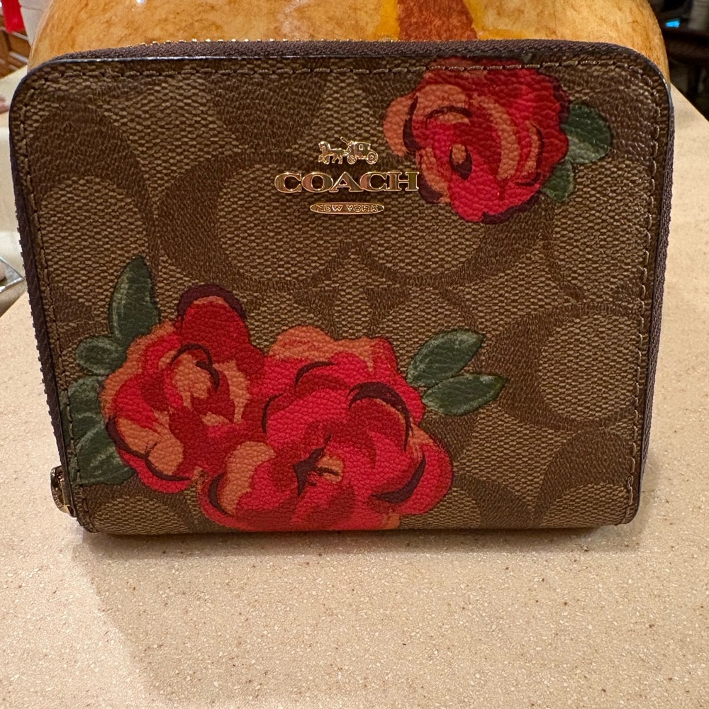 Coach Brown Wallet with Red Floral Design